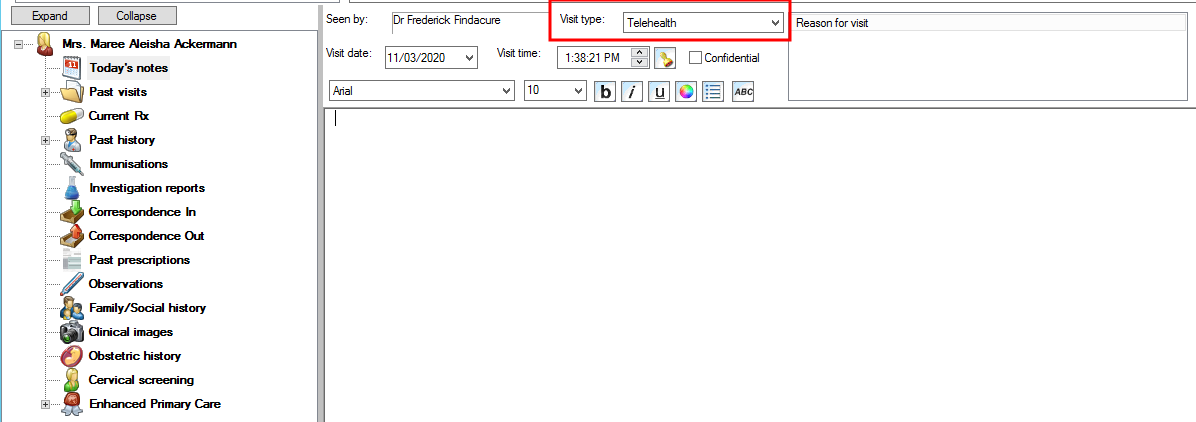 Select visit type of Telehealth