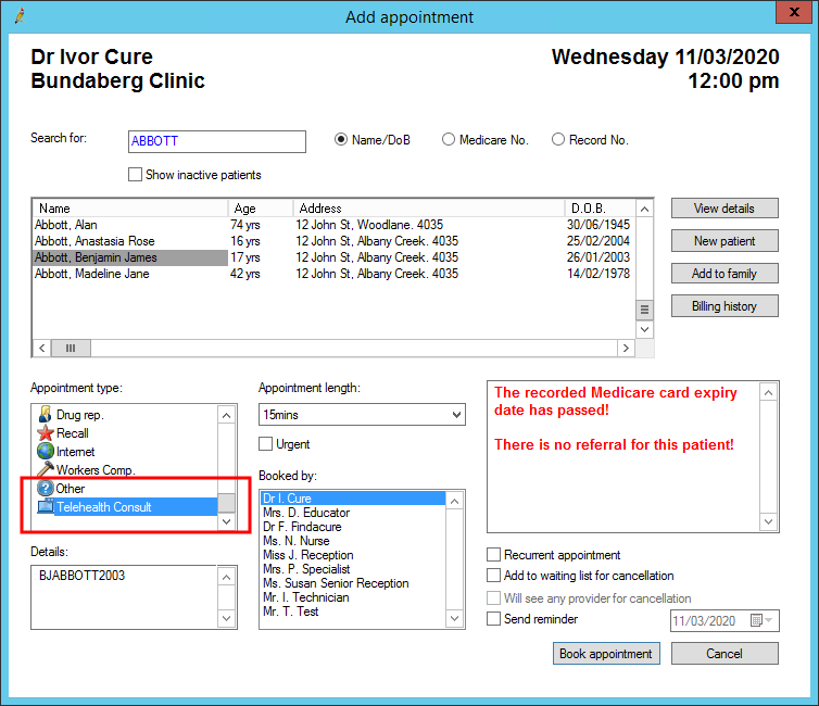 Select a Telehealth Consult Appointment Type
